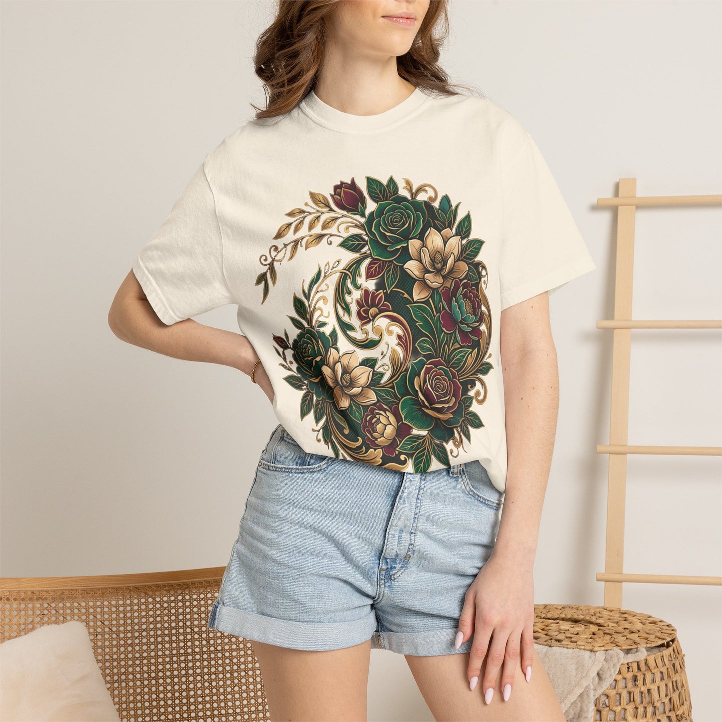 Floral Yin Yang T-Shirt — Vintage Green & Gold Rose Graphic Tee