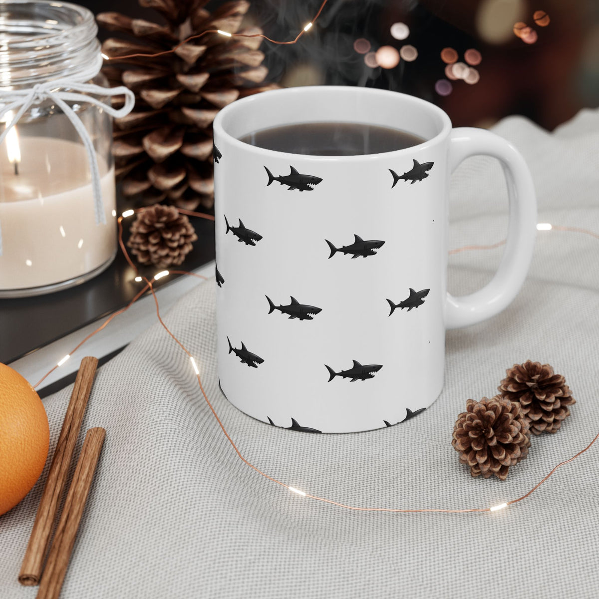 Shark Pattern Ceramic Mug – Black Shark Silhouette Coffee Cup (11oz, 15oz)