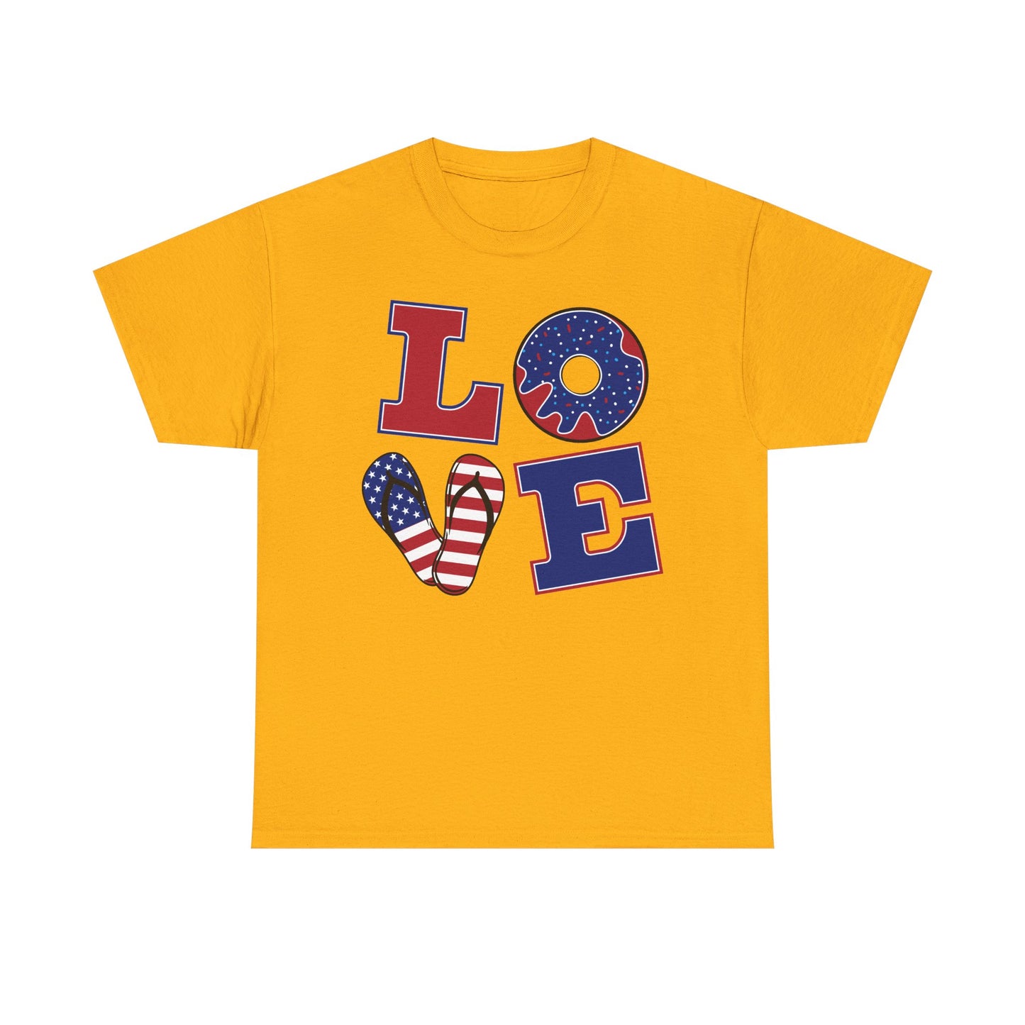 Patriotic "LOVE" Tee – American Flag Donut Heart 4th of July Shirt