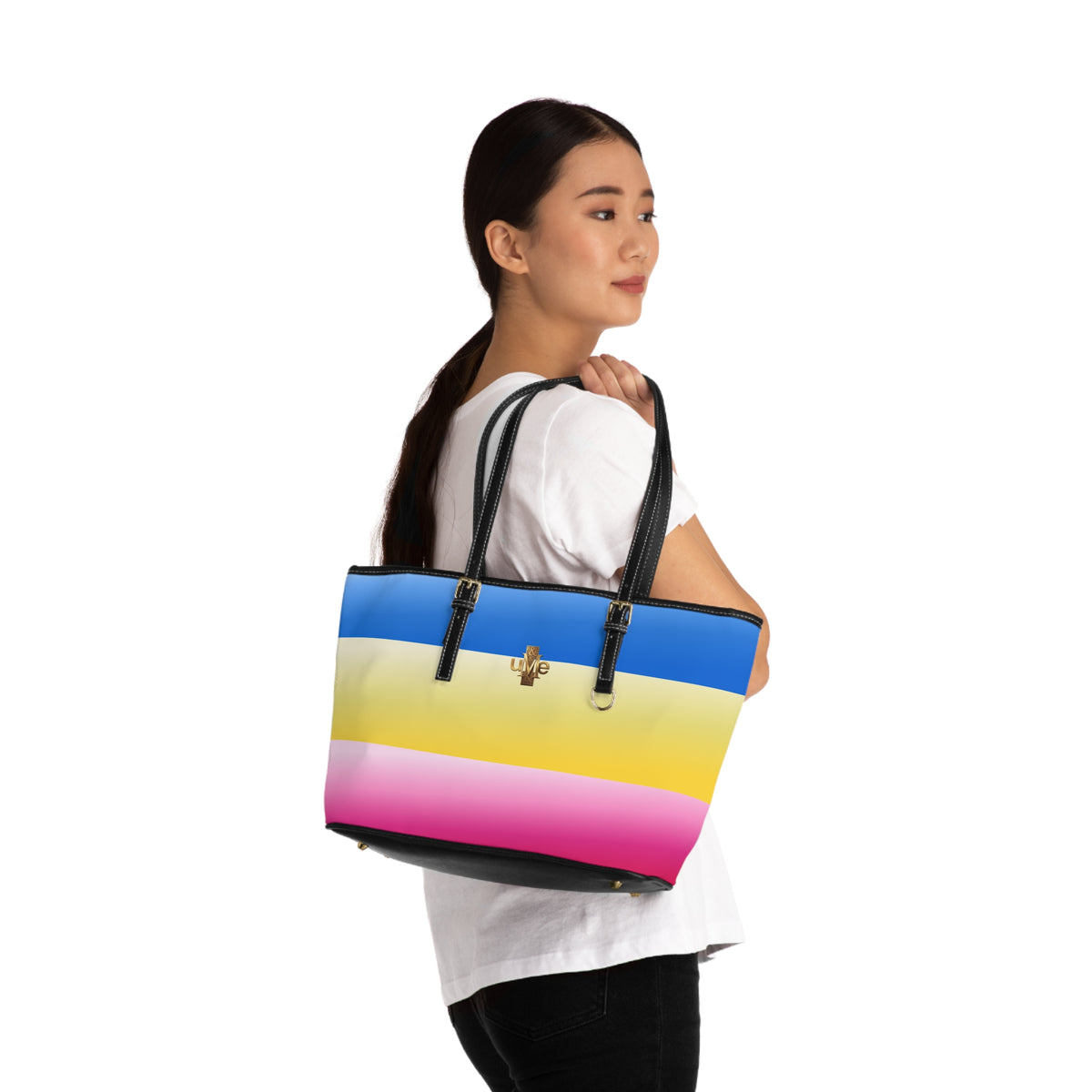 Colorblock Shoulder Bag — Black PU Leather Tote with Blue Yellow Pink Stripes