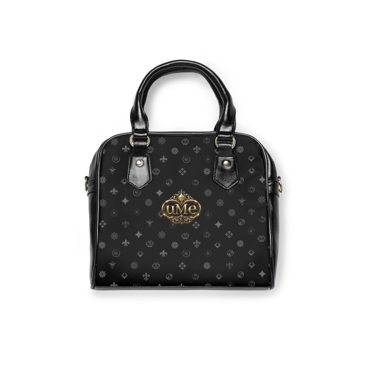 Elegant Black UME Monogram Shoulder Handbag — Gold Crest Accent