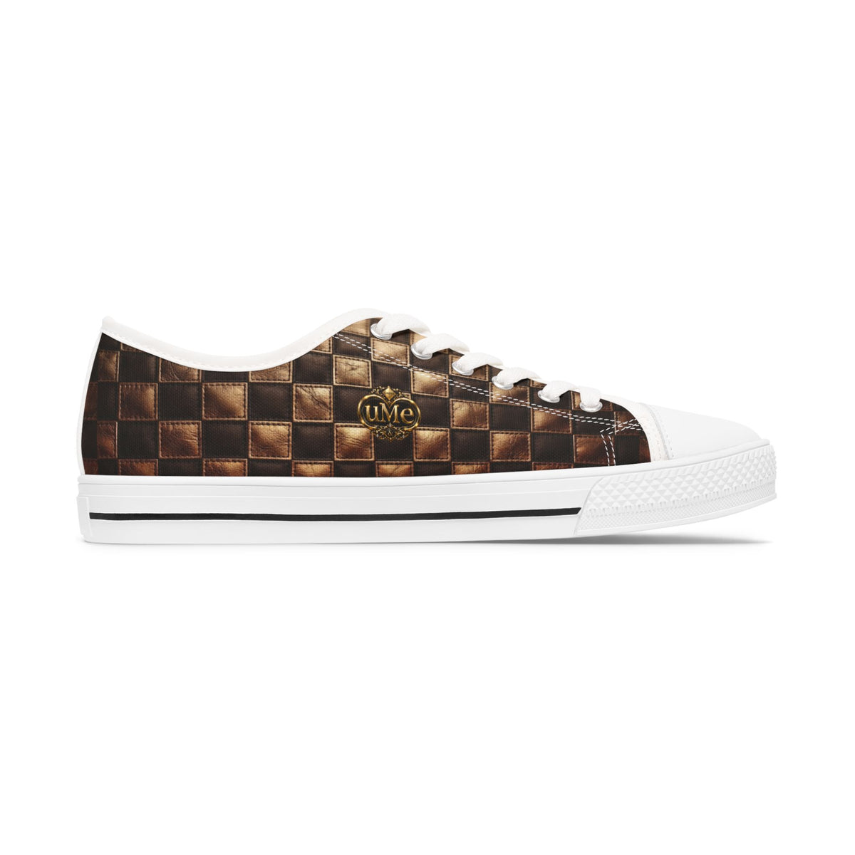 Low Top Sneakers — Brown Checkerboard Woven-Effect Print Women's Casual Shoes