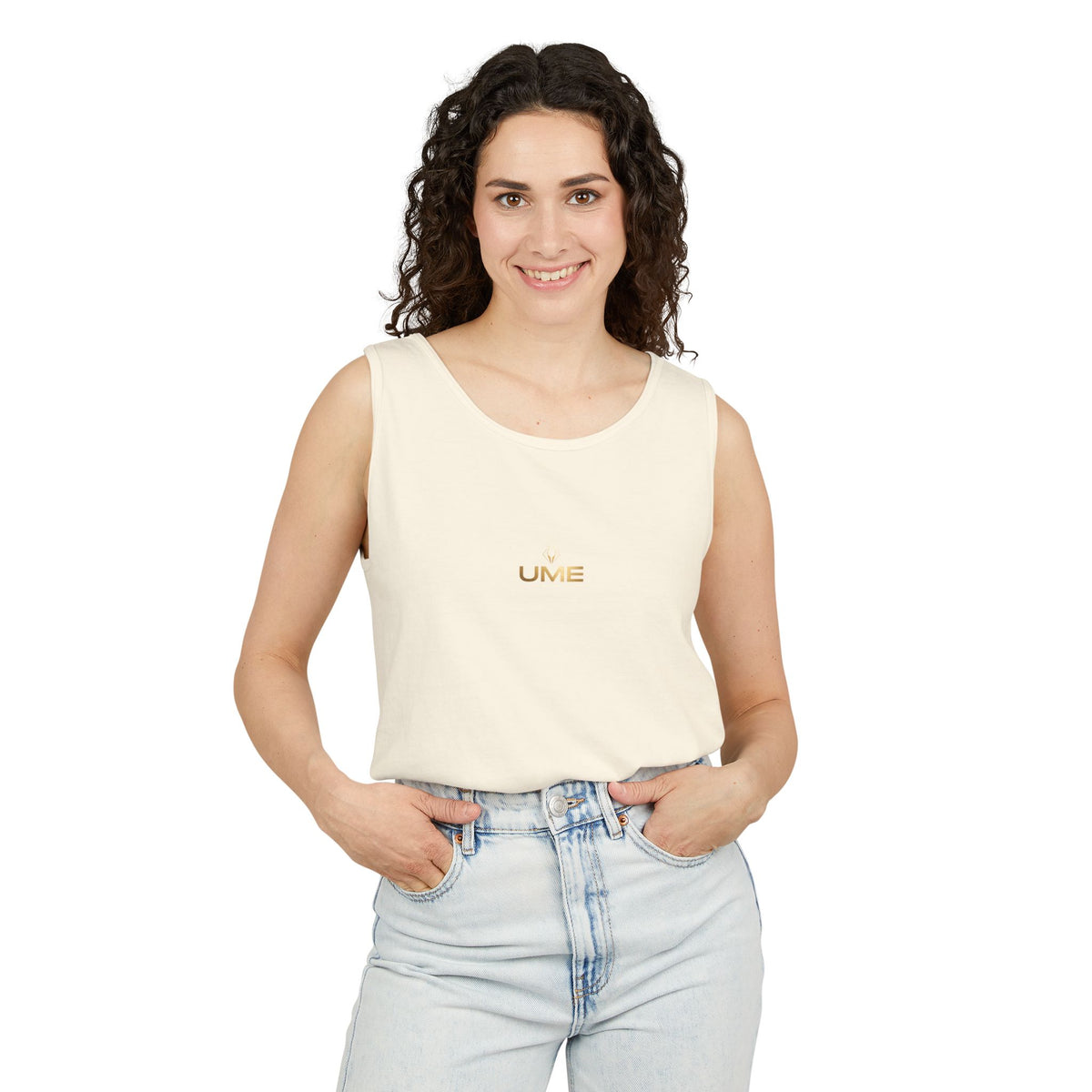 UME Gold Vertical Logo Tank Top – Garment-Dyed Unisex Muscle Tee