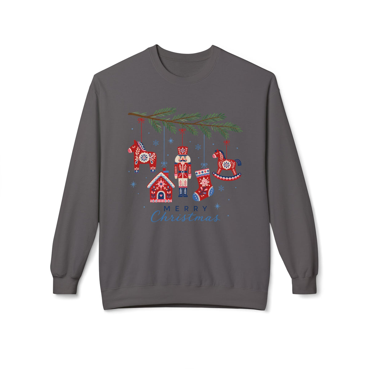 Merry Christmas Scandinavian Folk Art Crewneck Sweatshirt — White, Red & More