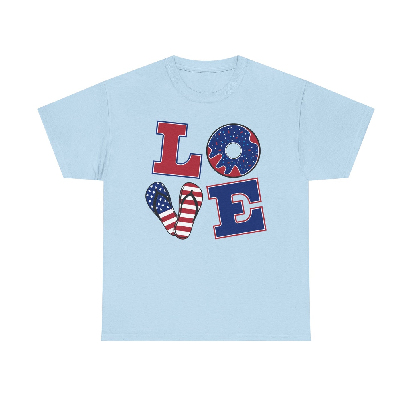 Patriotic "LOVE" Tee – American Flag Donut Heart 4th of July Shirt