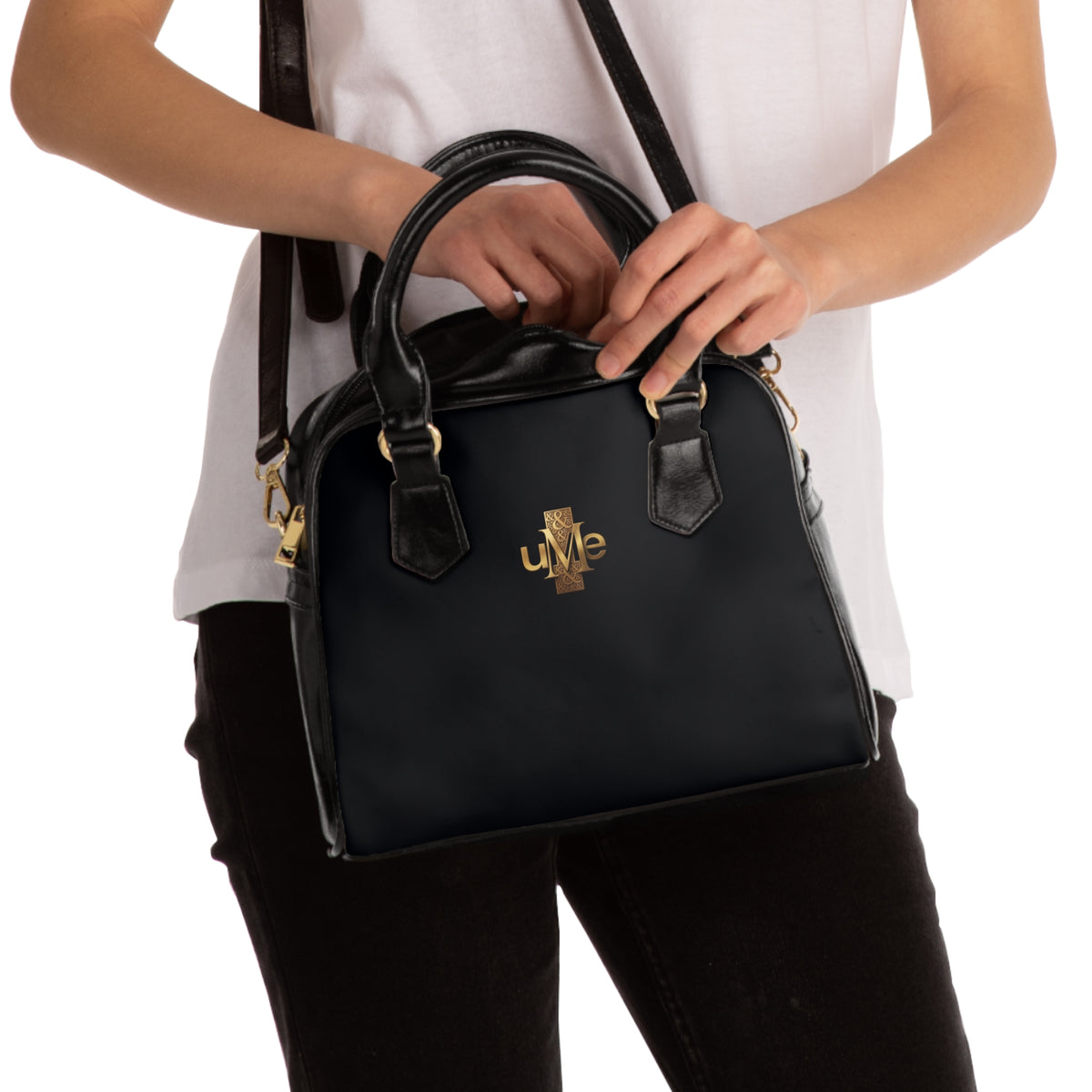 Black Shoulder Handbag — Faux Leather Tote with Gold uMe Cross Logo