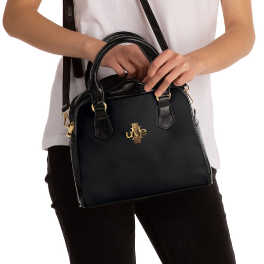 Black Shoulder Handbag — Faux Leather Tote with Gold uMe Cross Logo