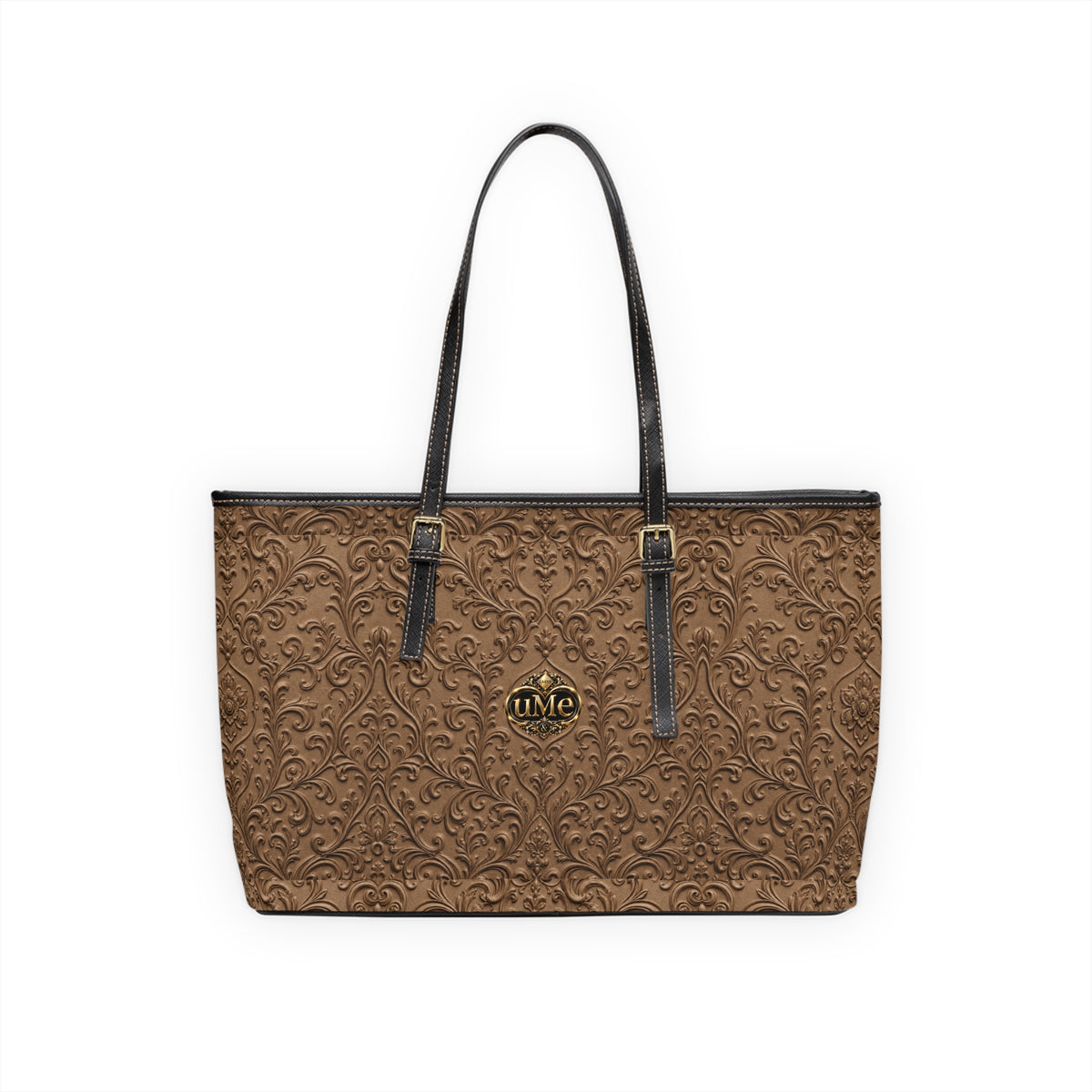 Brown UME Gold Crest Shoulder Tote — PU Faux Leather Scroll Print