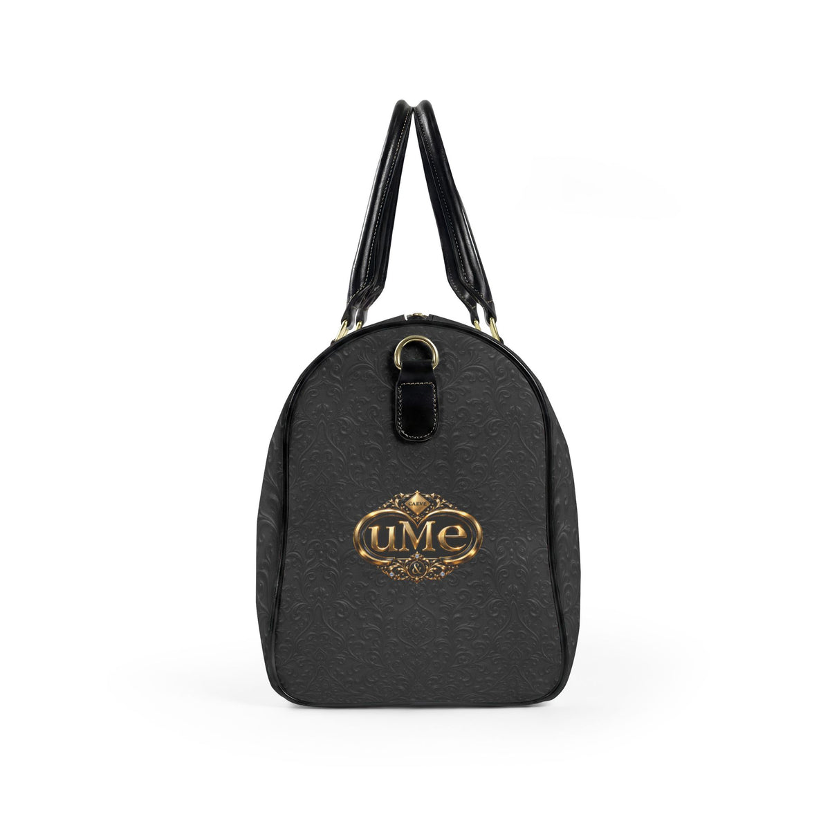 Black Faux Leather Duffle Bag — Gold 'uMe' Crest Weekender