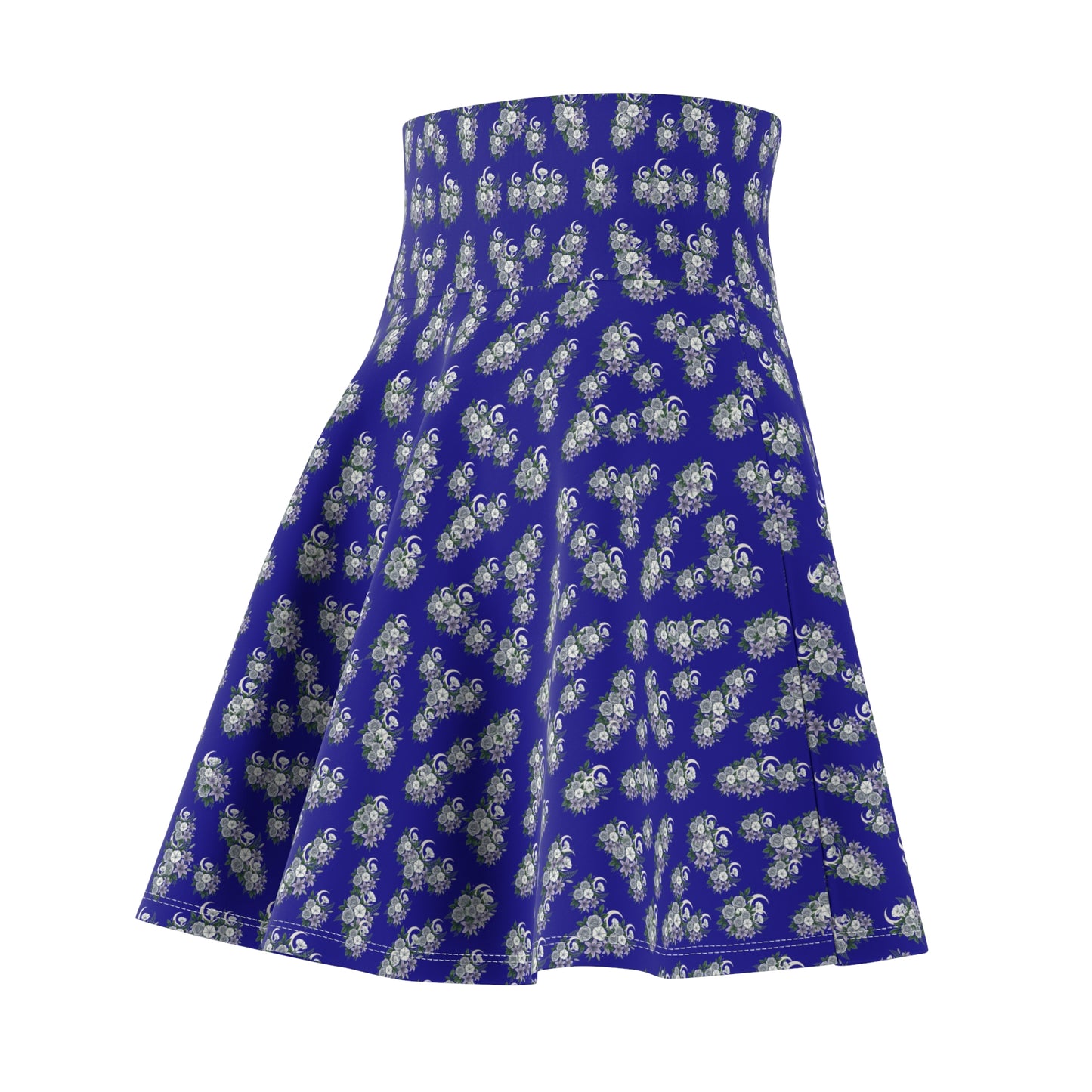 Blue Floral Skater Skirt — Dainty White Blossom All-Over Print