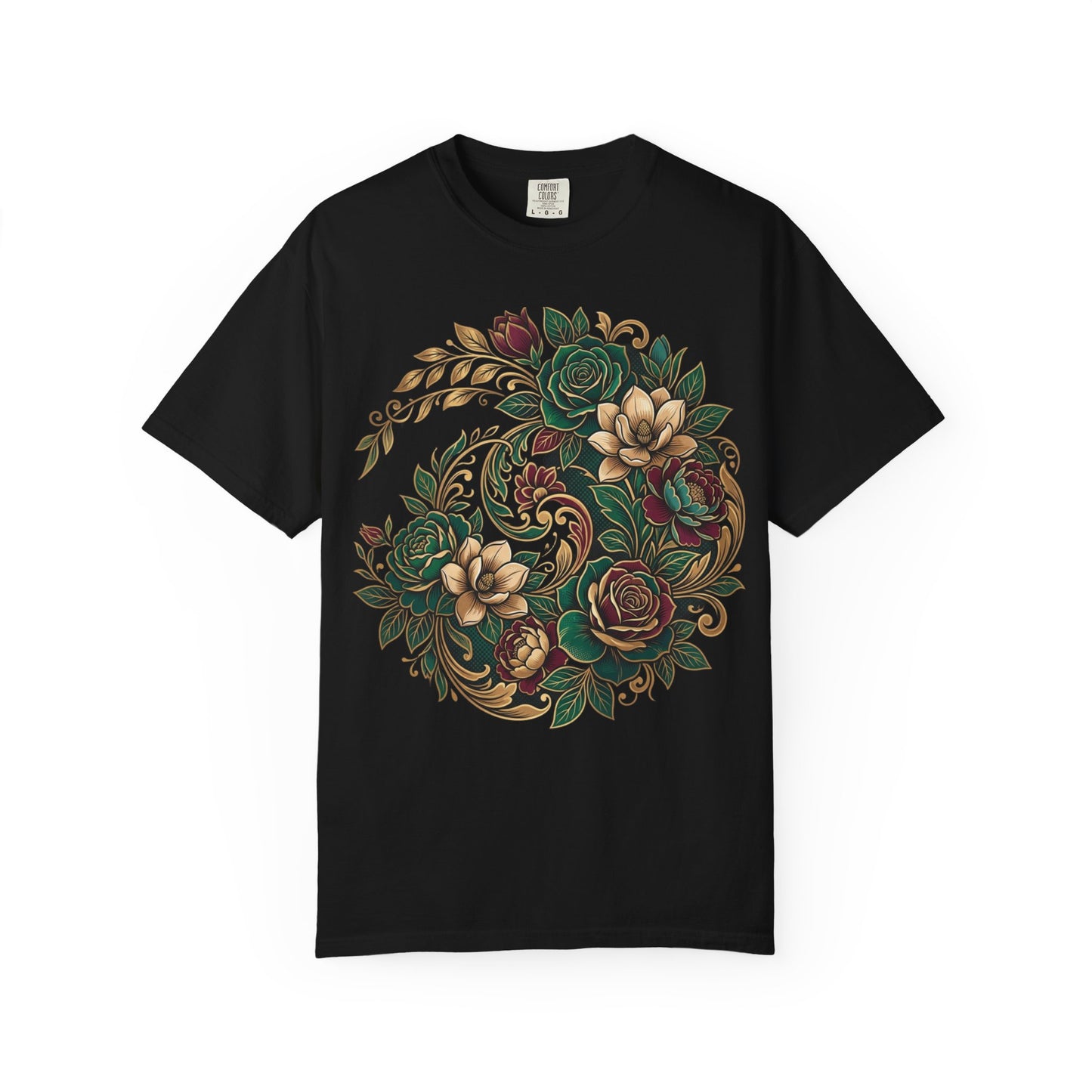Floral Yin Yang T-Shirt — Vintage Green & Gold Rose Graphic Tee