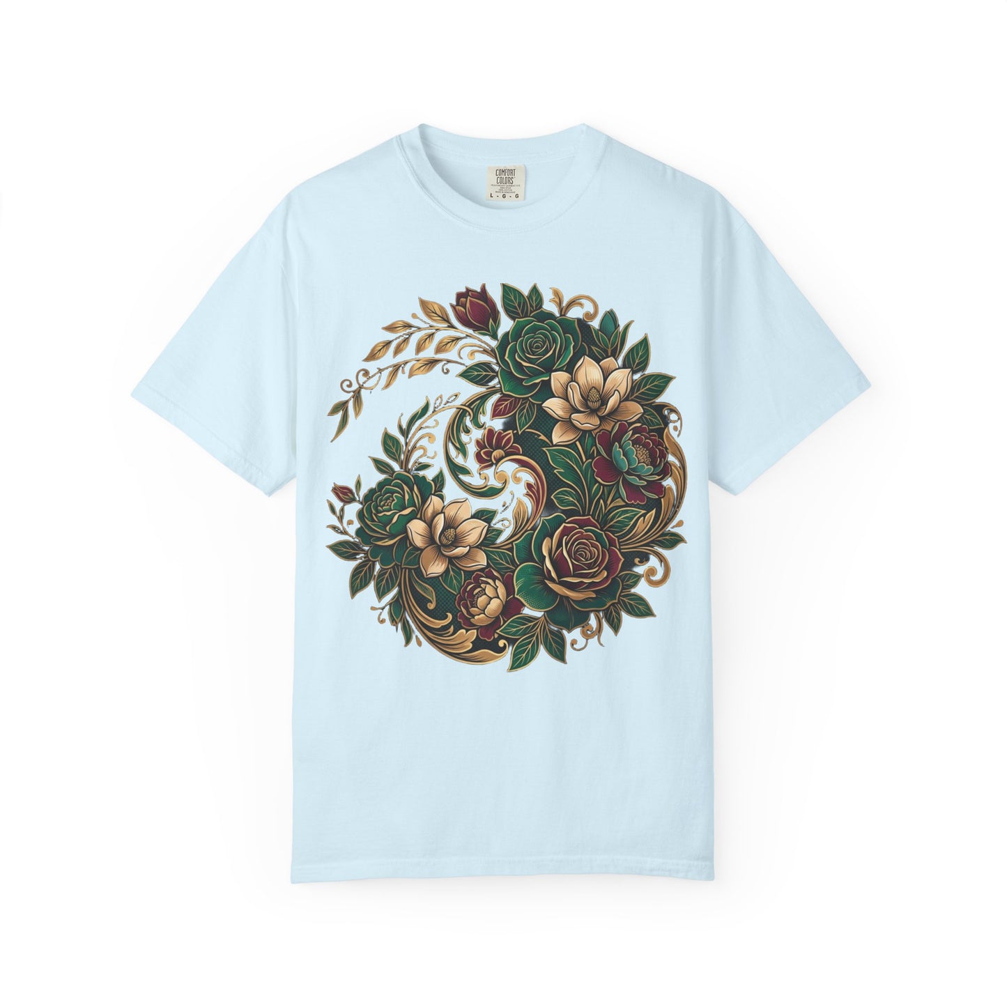Floral Yin Yang T-Shirt — Vintage Green & Gold Rose Graphic Tee