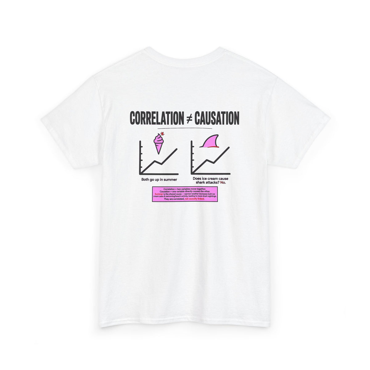 Correlation ≠ Causation Graphic Tee — White, Blue, Pink, Yellow & Neutral Bases