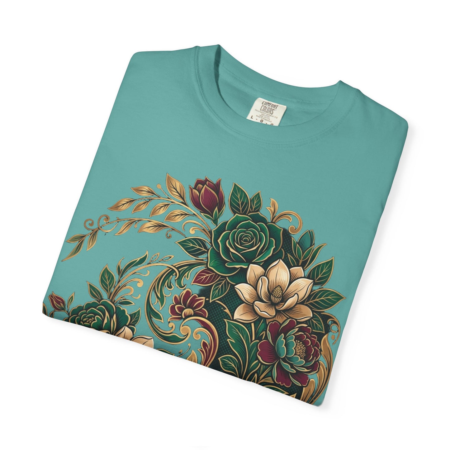 Floral Yin Yang T-Shirt — Vintage Green & Gold Rose Graphic Tee