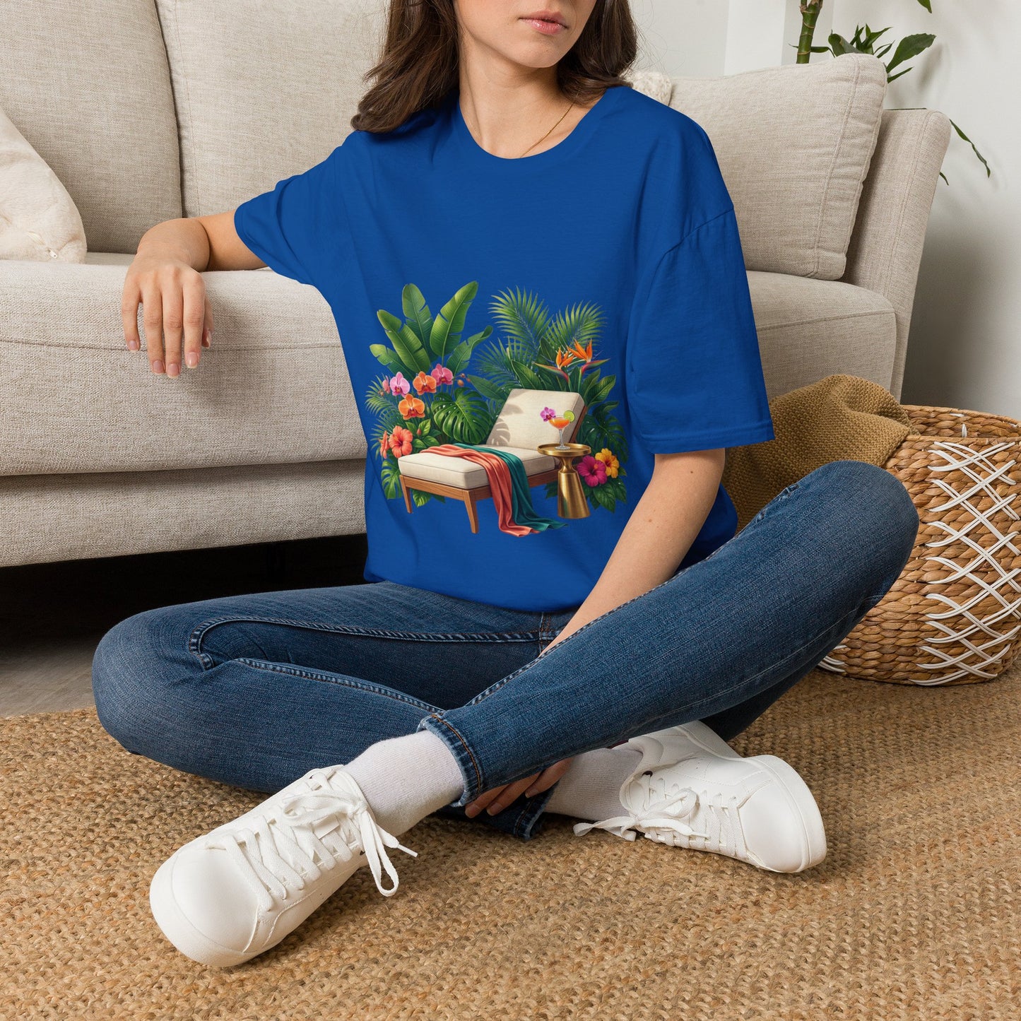 Tropical Lounge T-Shirt — Cozy Chair & Palm Floral Graphic Tee