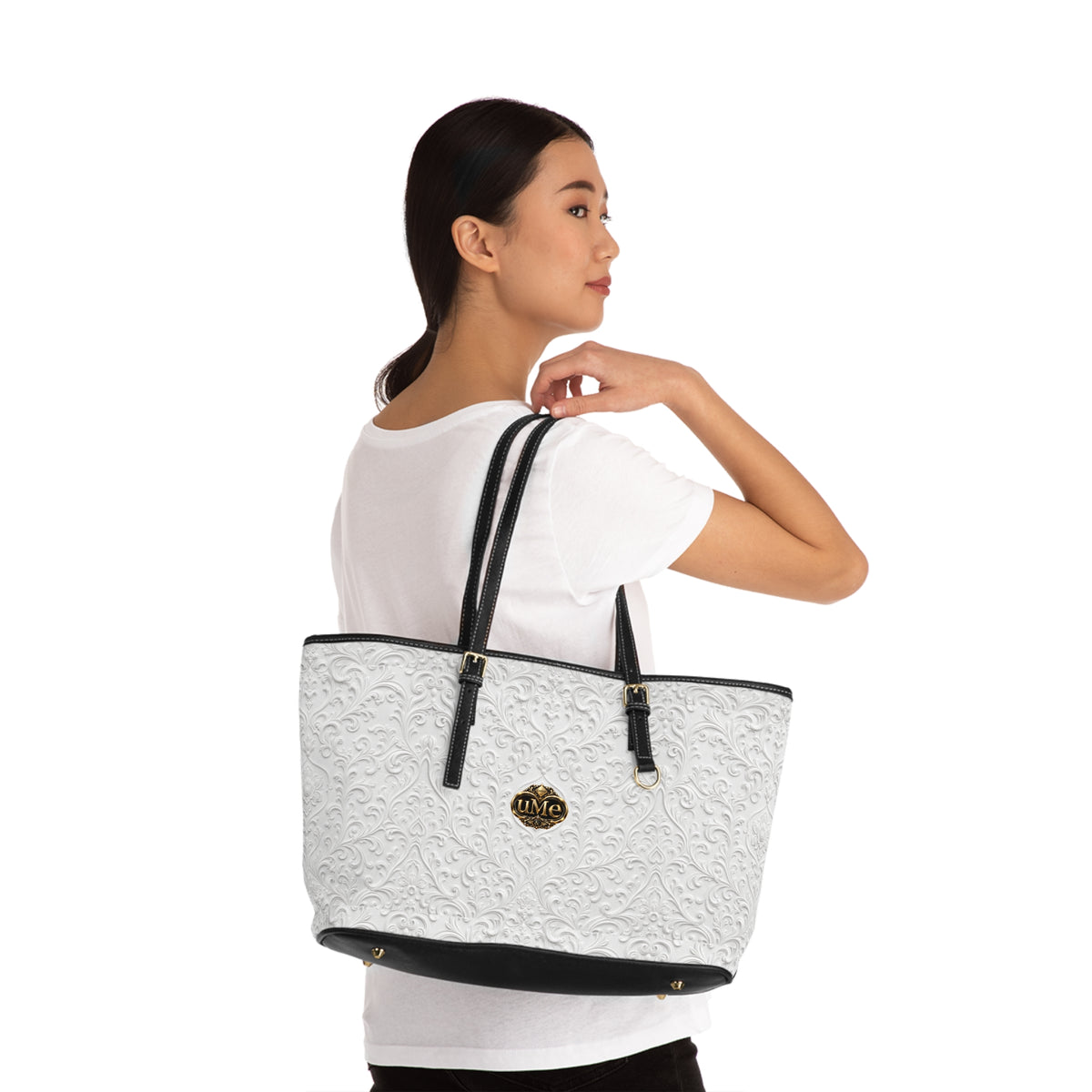 White UME Gold Crest Shoulder Tote — PU Faux Leather Scroll Print