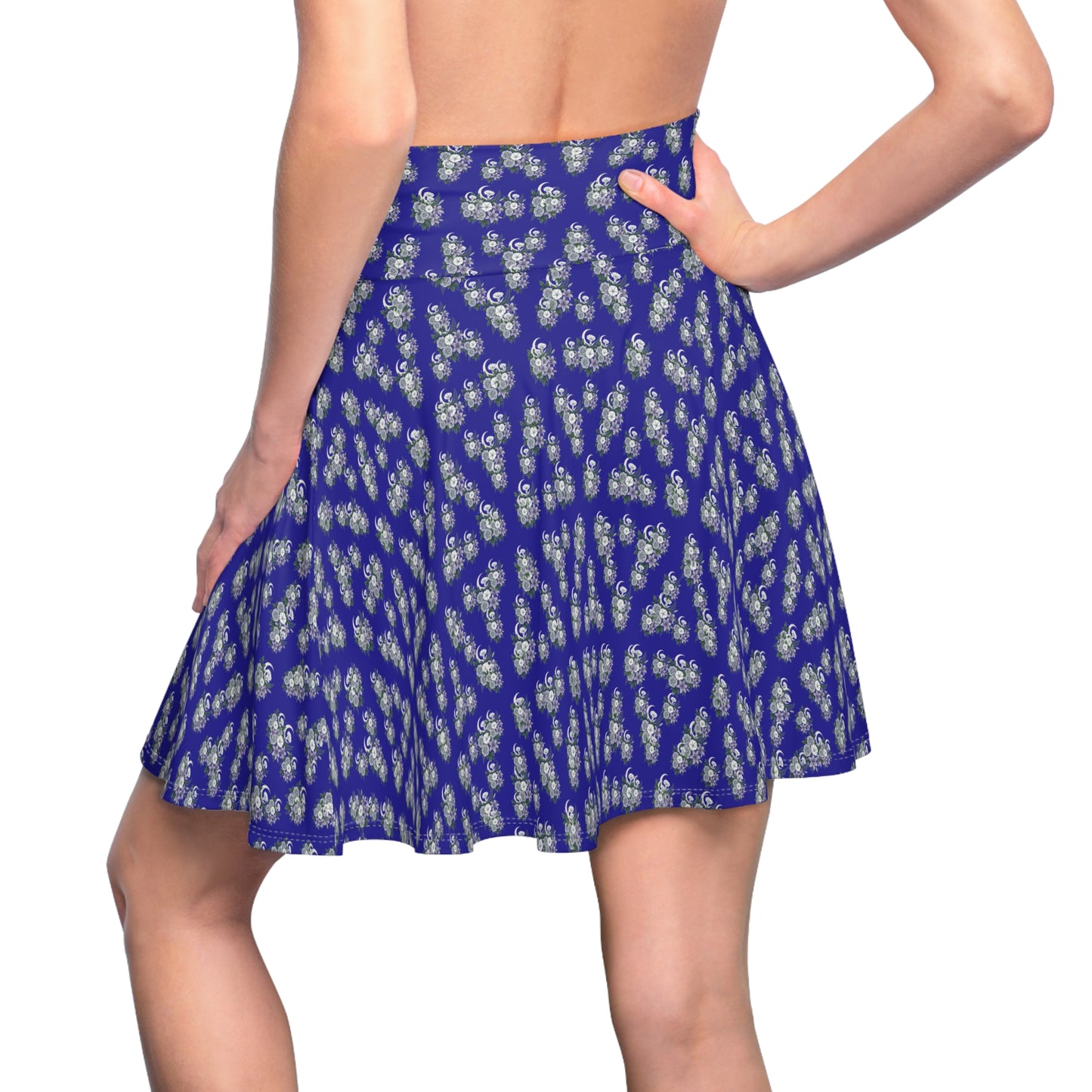 Blue Floral Skater Skirt — Dainty White Blossom All-Over Print