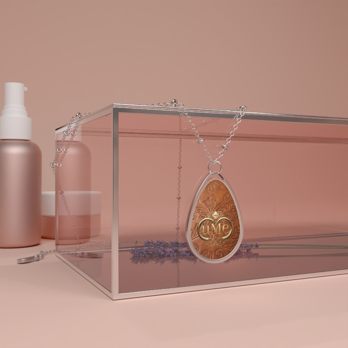 Tan Brown UME Teardrop Pendant Necklace — Silver-Colored Frame & Scroll Print