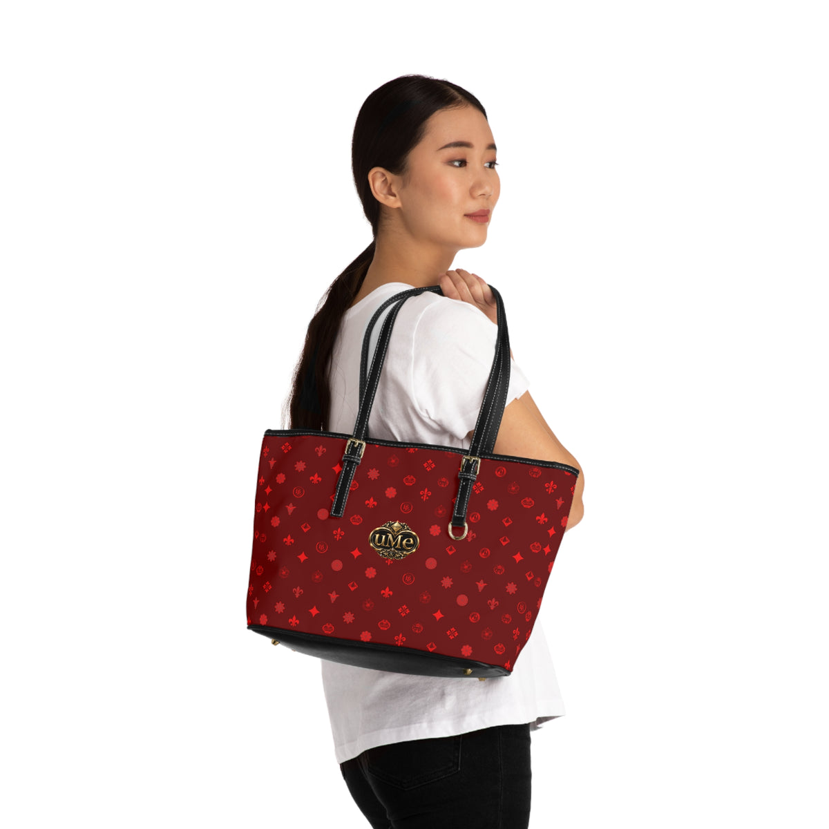 Red Monogram PU Leather Shoulder Bag — Luxe Crown Emblem Tote