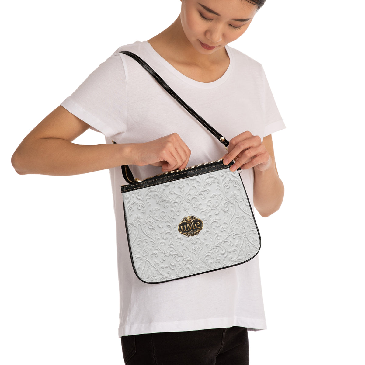 White UME Gold Crest Small Shoulder Bag — Faux Leather