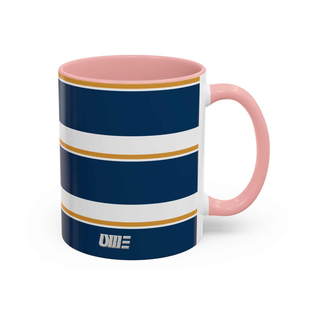 Navy and Gold Striped Accent Mug — White Ceramic
