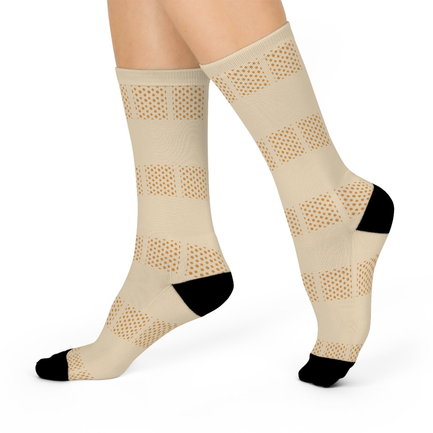 Cushioned Crew Socks — Breathable Beige Athletic Socks with Black Heel & Toe