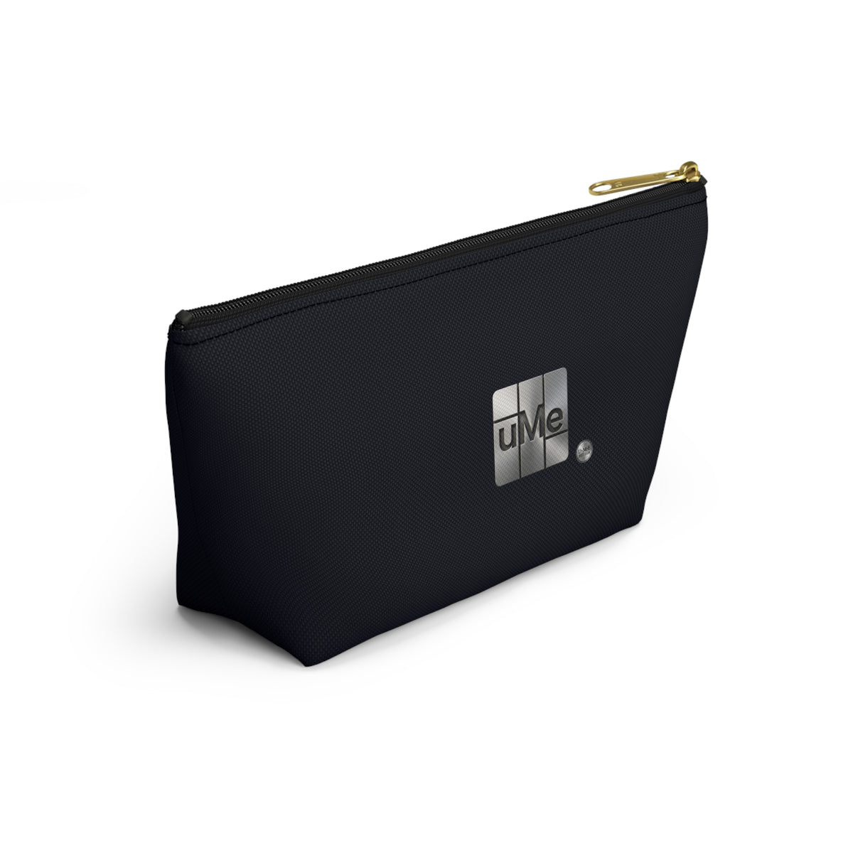 Accessory Pouch — Sleek Black T‑Bottom Cosmetic & Tech Organizer with Metallic 'uMe' Logo