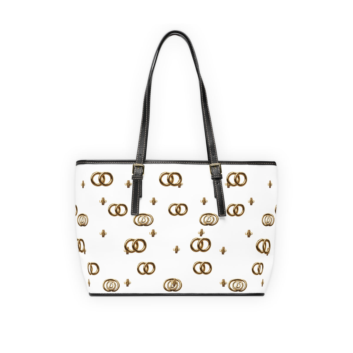 PU Leather Shoulder Bag — White Gold Emblem Tote