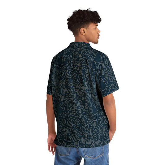 Men's Dark Blue Topographic Hawaiian Shirt — AOP Vacation Camp Shirt