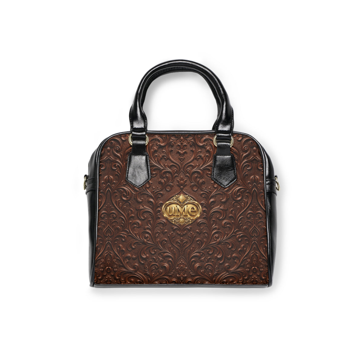 Chestnut Brown UME Shoulder Handbag — Faux Leather Gold Crest Scroll Print