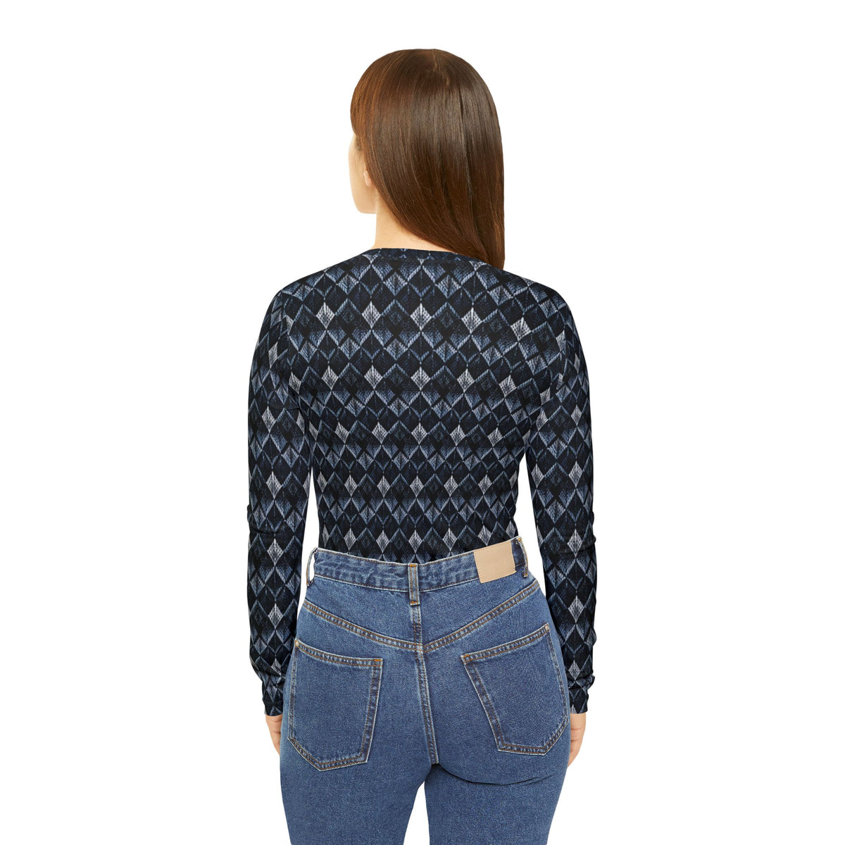 Women’s V-Neck Long-Sleeve Shirt — Dark Blue & Charcoal Argyle All-Over Print