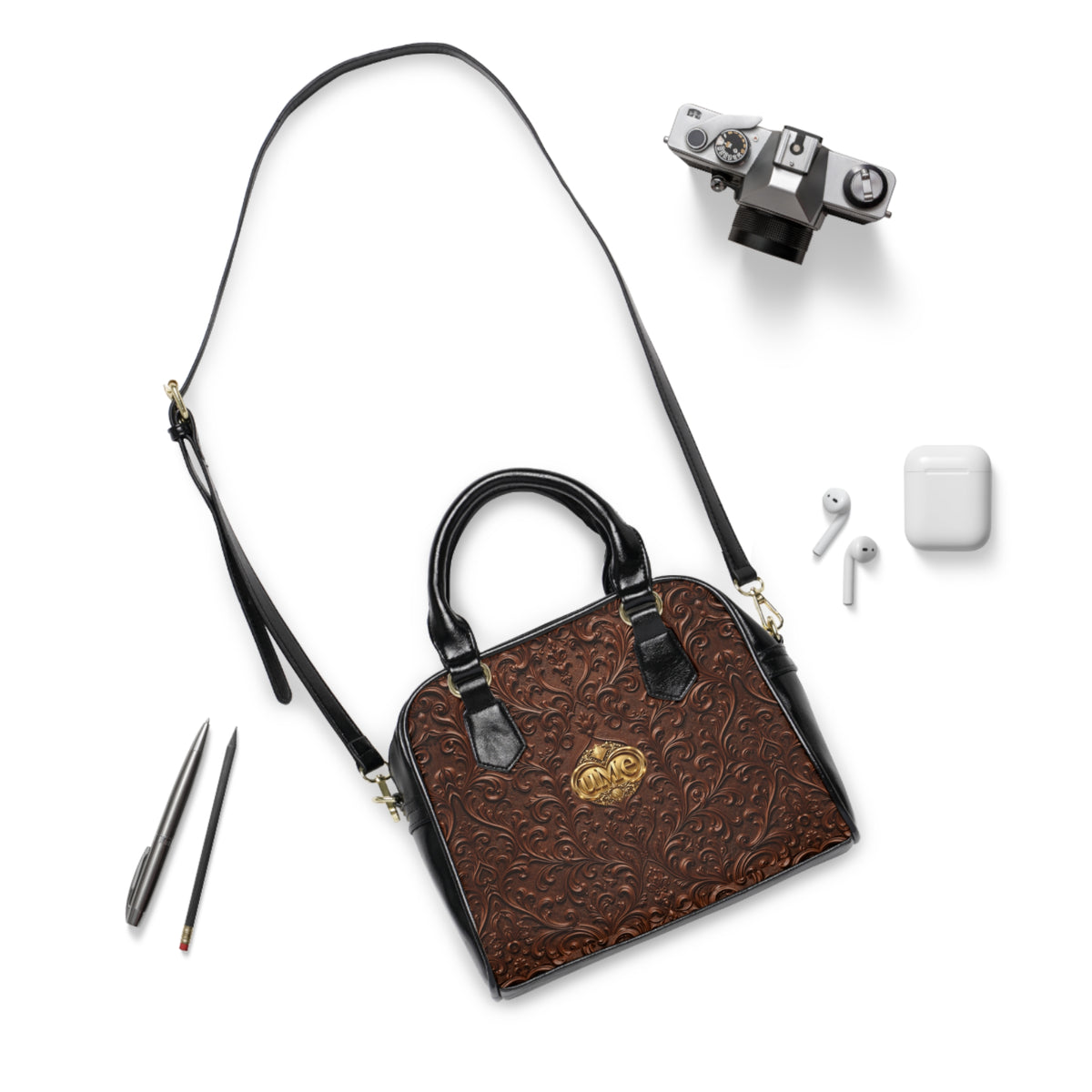 Chestnut Brown UME Shoulder Handbag — Faux Leather Gold Crest Scroll Print