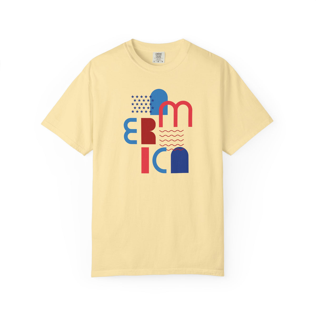 T-Shirt — Abstract 'America' Graphic Tee (Red & Blue Geometric Design)