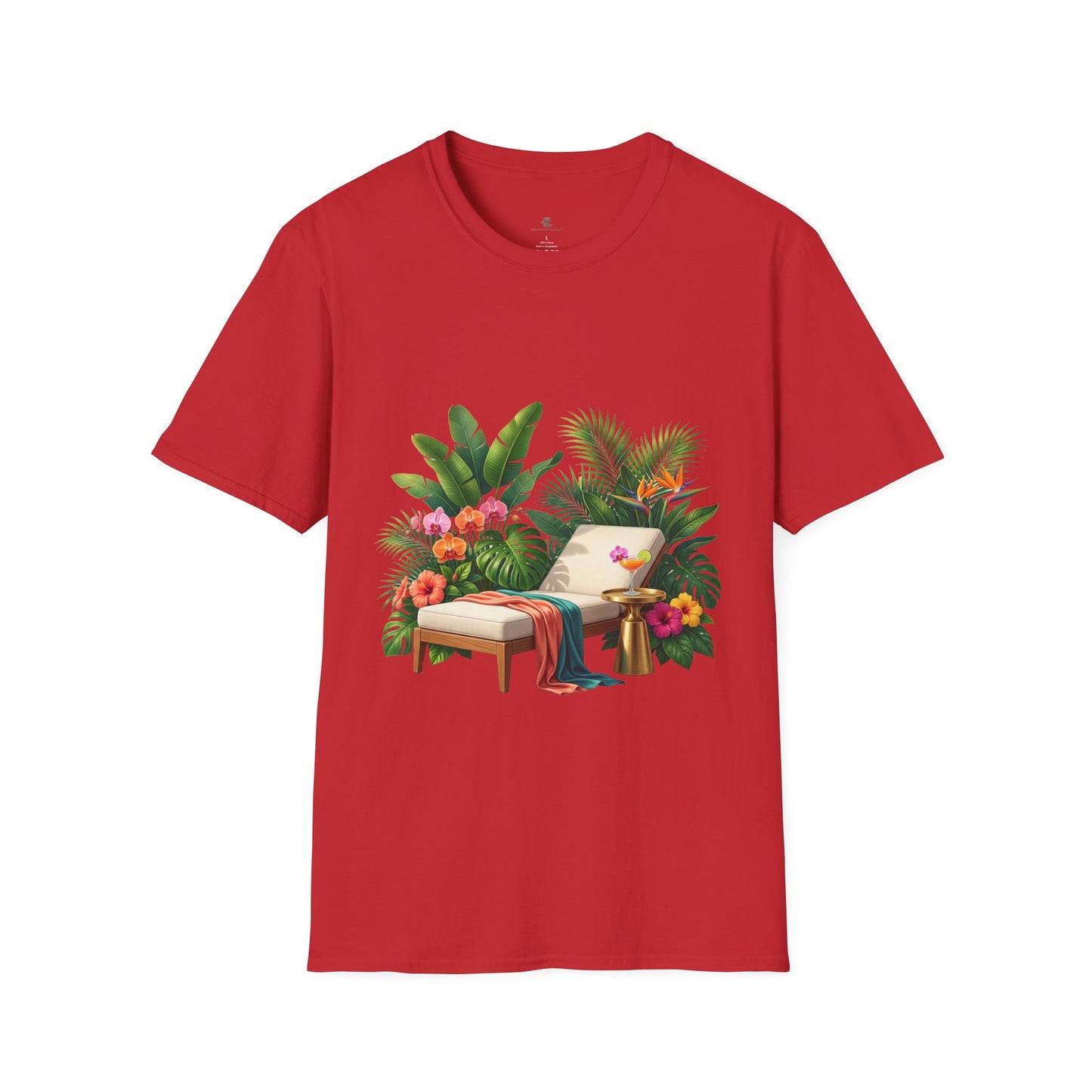 Tropical Lounge T-Shirt — Cozy Chair & Palm Floral Graphic Tee
