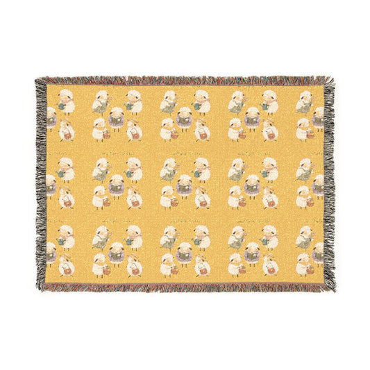 Whimsical Sheep Woven Throw Blanket – Illustrated Mustard Cotton Fringe Blanket