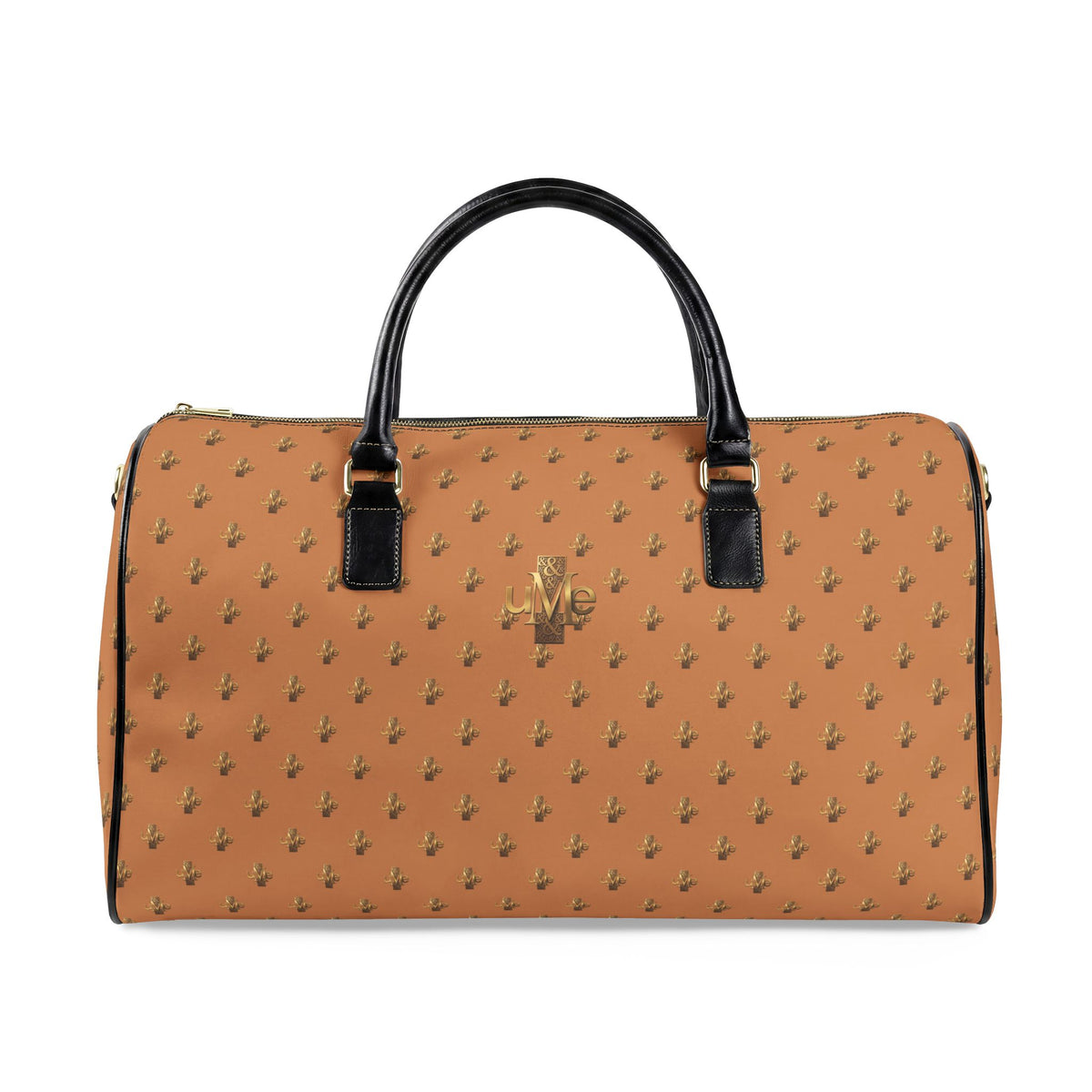 Monogram Faux Leather Travel Bag — Classic Camel & Gold Tiny Palm Print Weekender