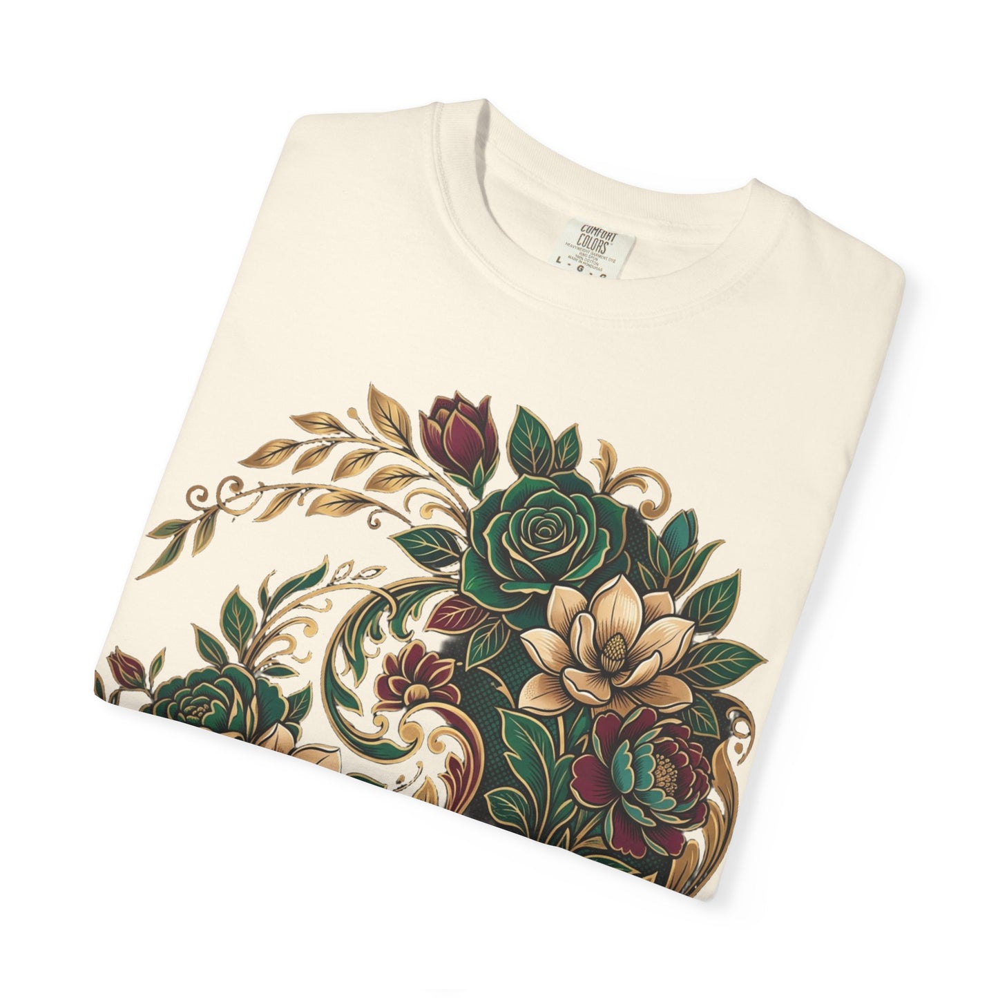 Floral Yin Yang T-Shirt — Vintage Green & Gold Rose Graphic Tee