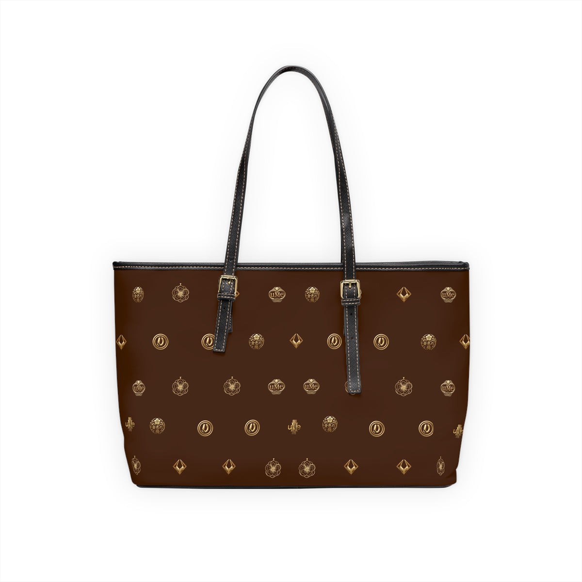 Brown Monogram PU Leather Shoulder Bag — Gold Emblem Print Luxe Tote