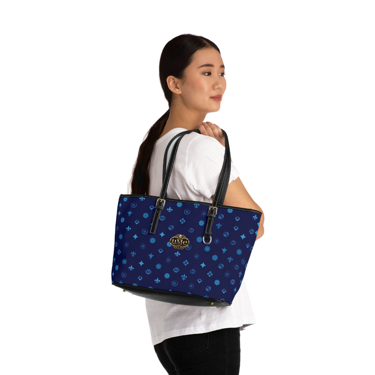 Navy PU Leather Shoulder Bag — Monogram Crest Tote