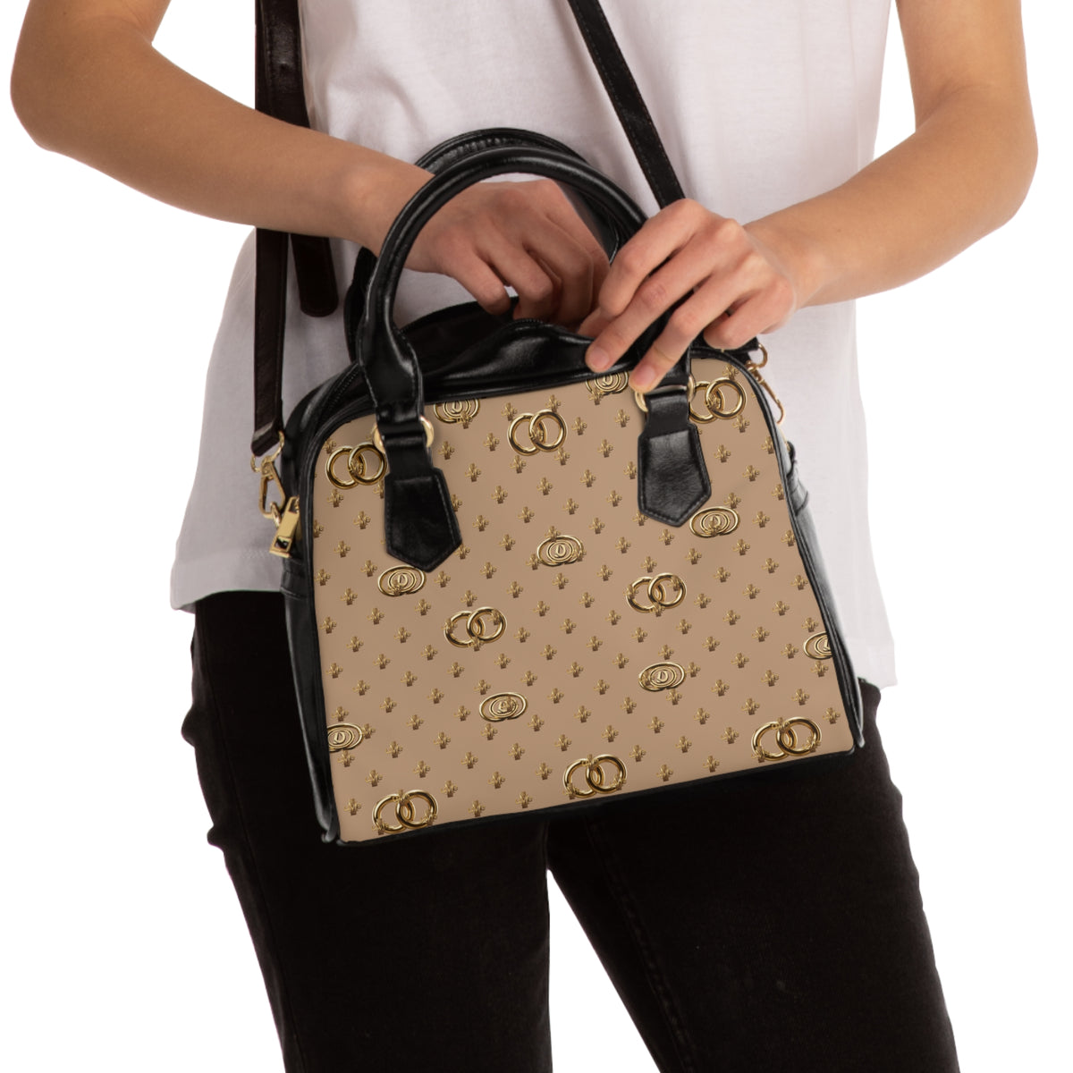 Vintage Monogram Shoulder Handbag — Beige & Gold Emblem Print