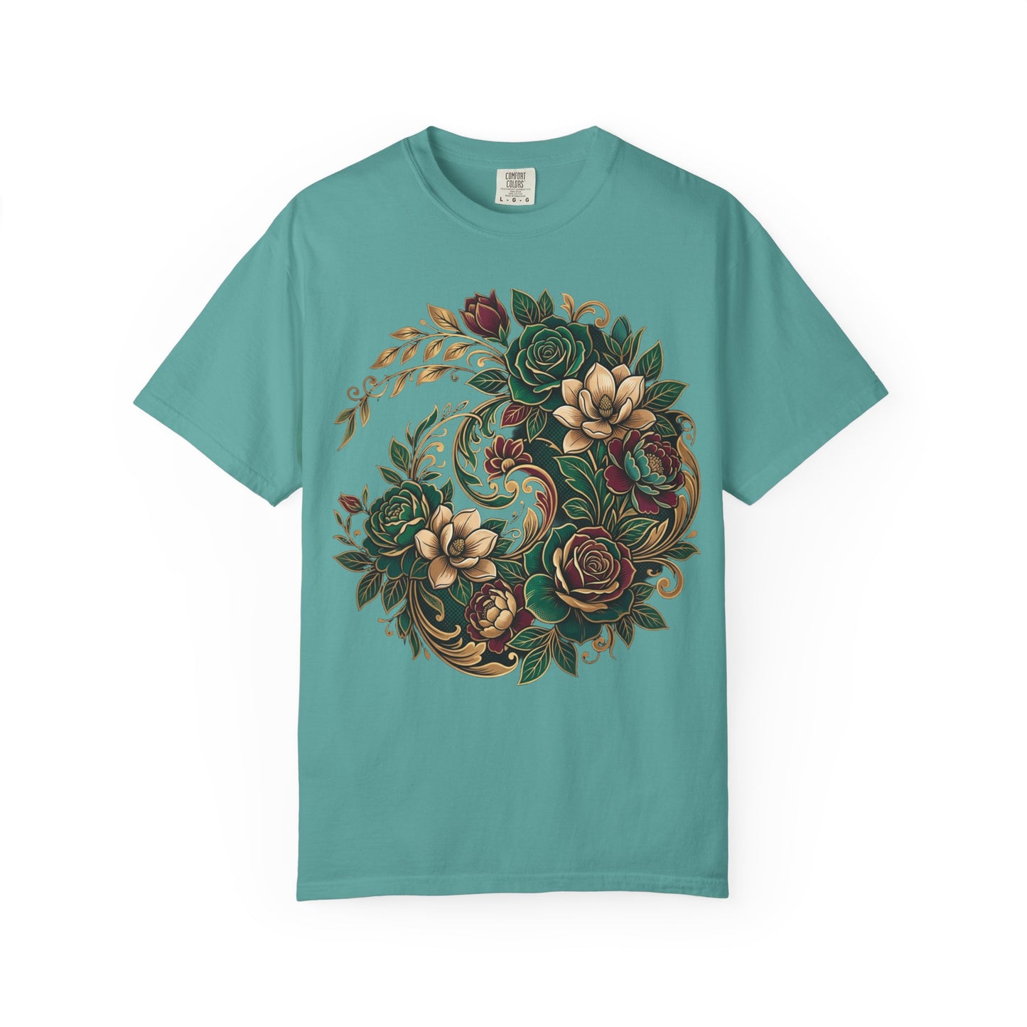 Floral Yin Yang T-Shirt — Vintage Green & Gold Rose Graphic Tee