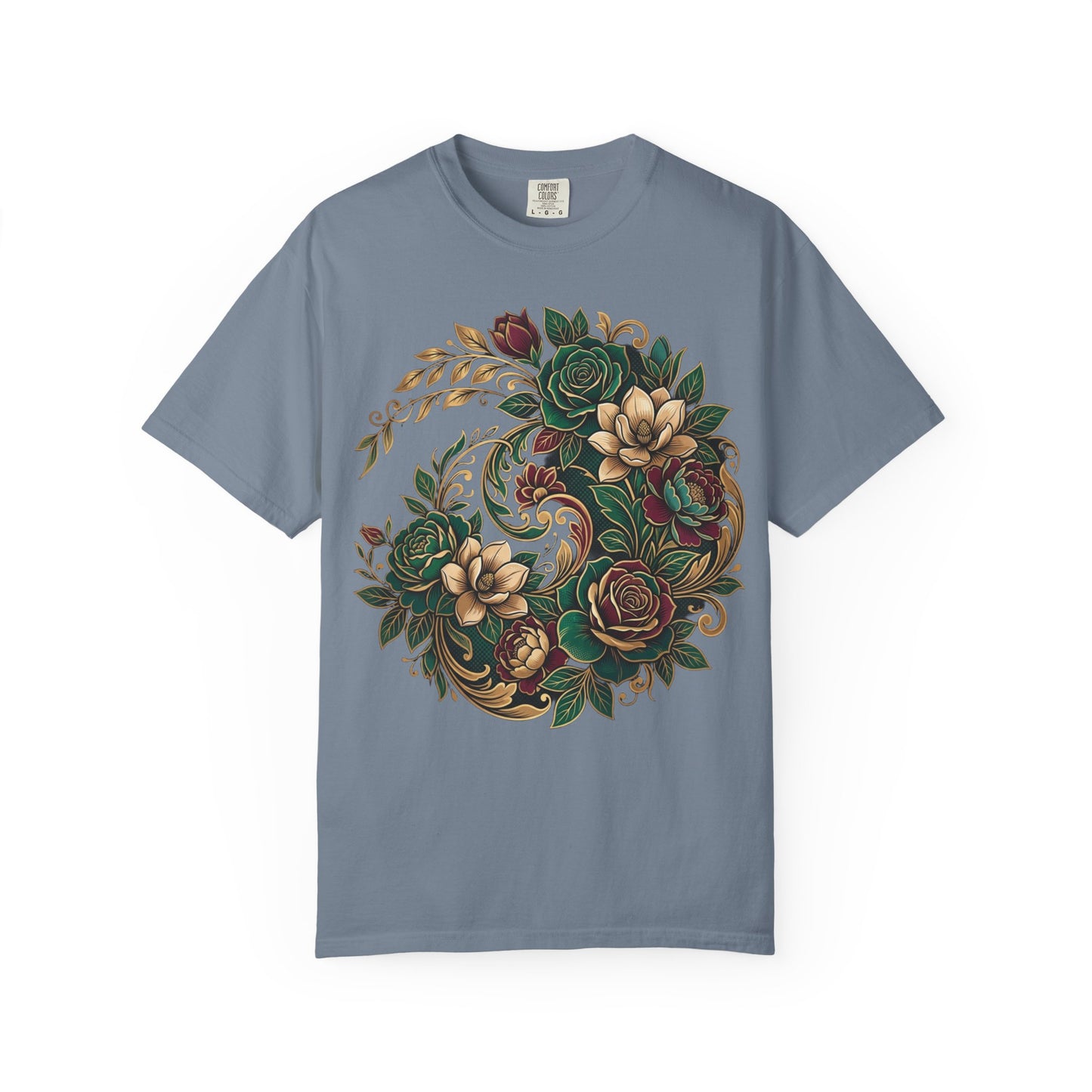 Floral Yin Yang T-Shirt — Vintage Green & Gold Rose Graphic Tee