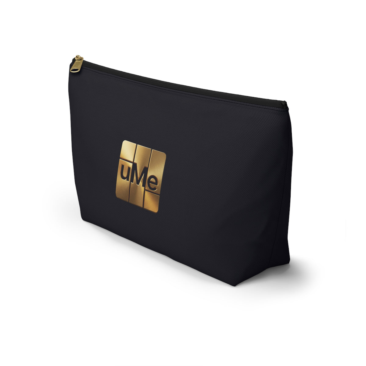 Gold uMe Logo Accessory Pouch — Black T‑Bottom Makeup & Travel Organizer