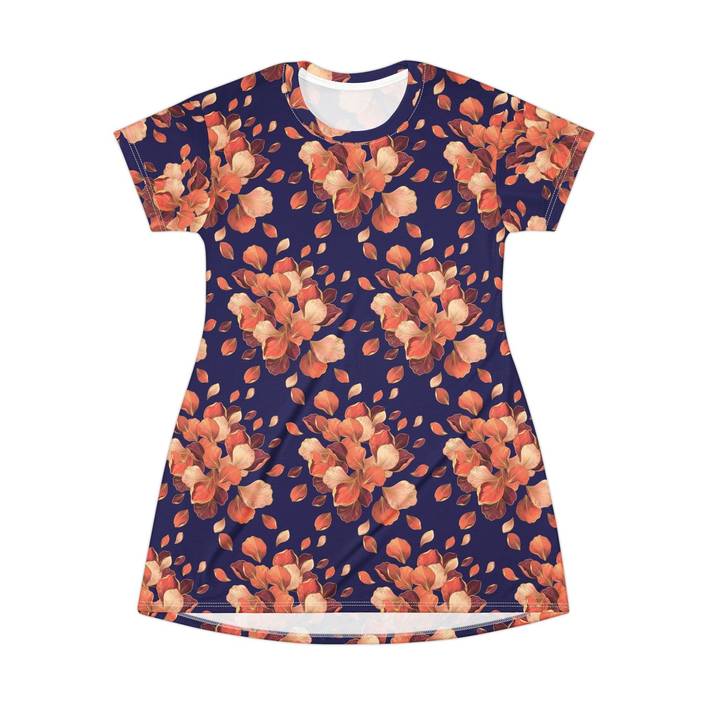 Floral AOP T-Shirt Dress — Navy Orange Watercolor Blossom Print