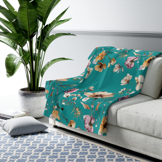 Teal Floral Sherpa Blanket – Watercolor Botanical Plush Fleece Throw