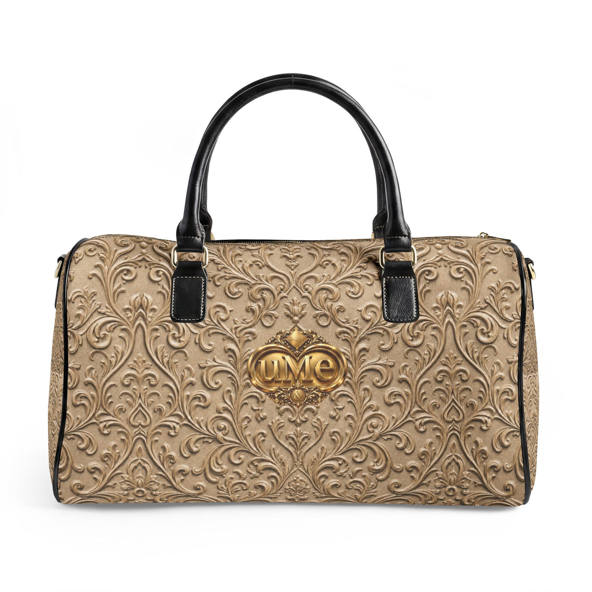 Beige Faux Leather Travel Bag — Ornate Scroll 'uMe' Weekender