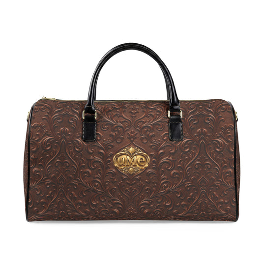Brown Faux Leather Travel Bag — Vintage Scroll UME Weekender