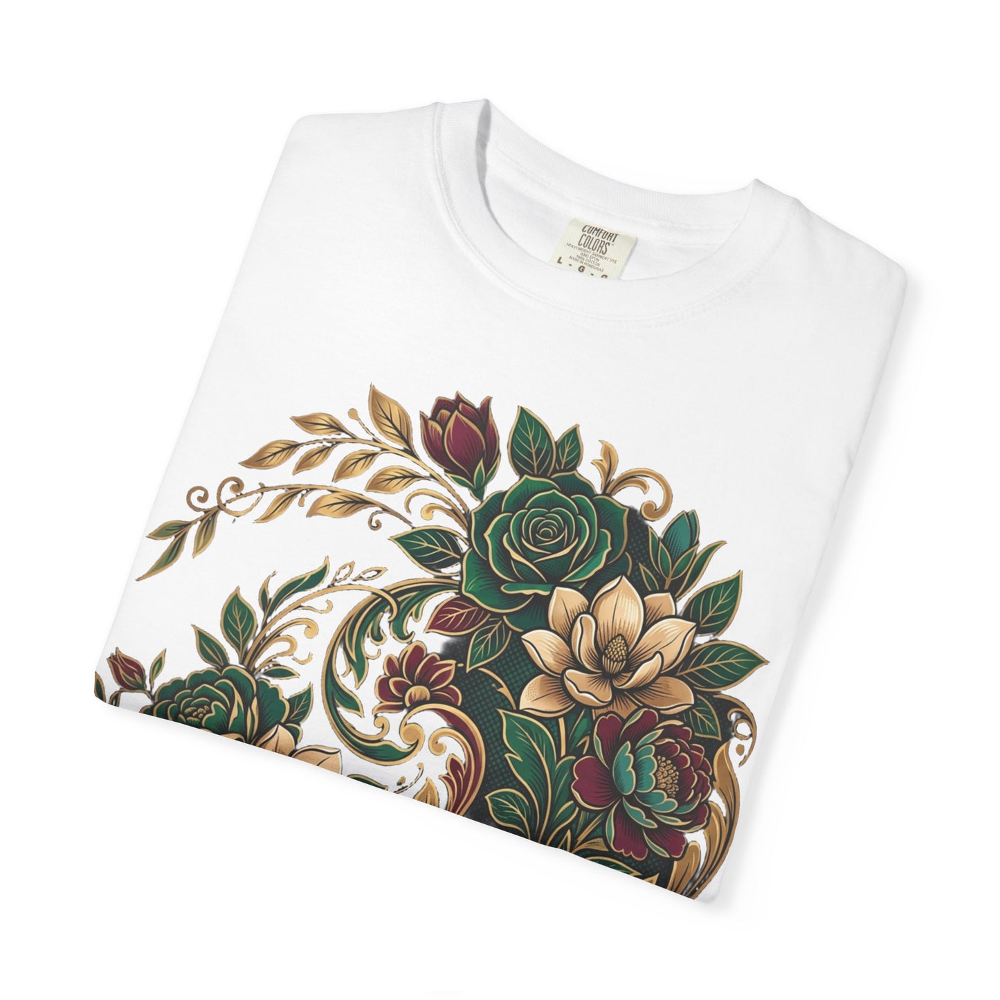 Floral Yin Yang T-Shirt — Vintage Green & Gold Rose Graphic Tee