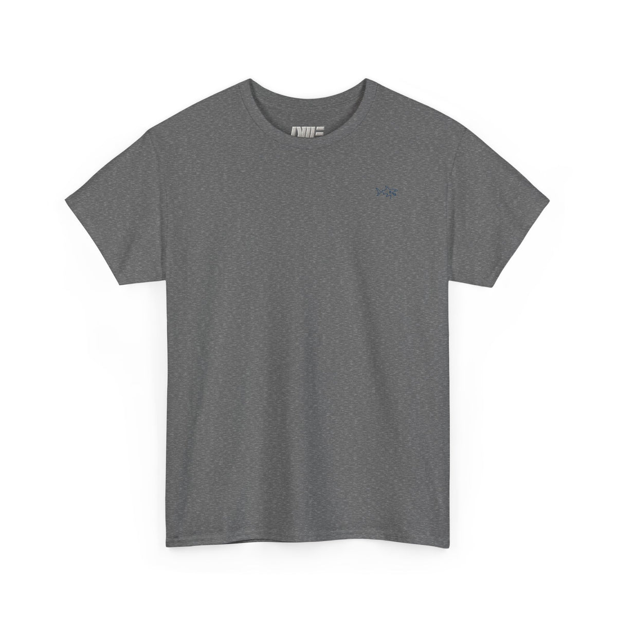 Minimalist string design Fish Tee — Small Chest Fish & Back 'OWE' Graphic