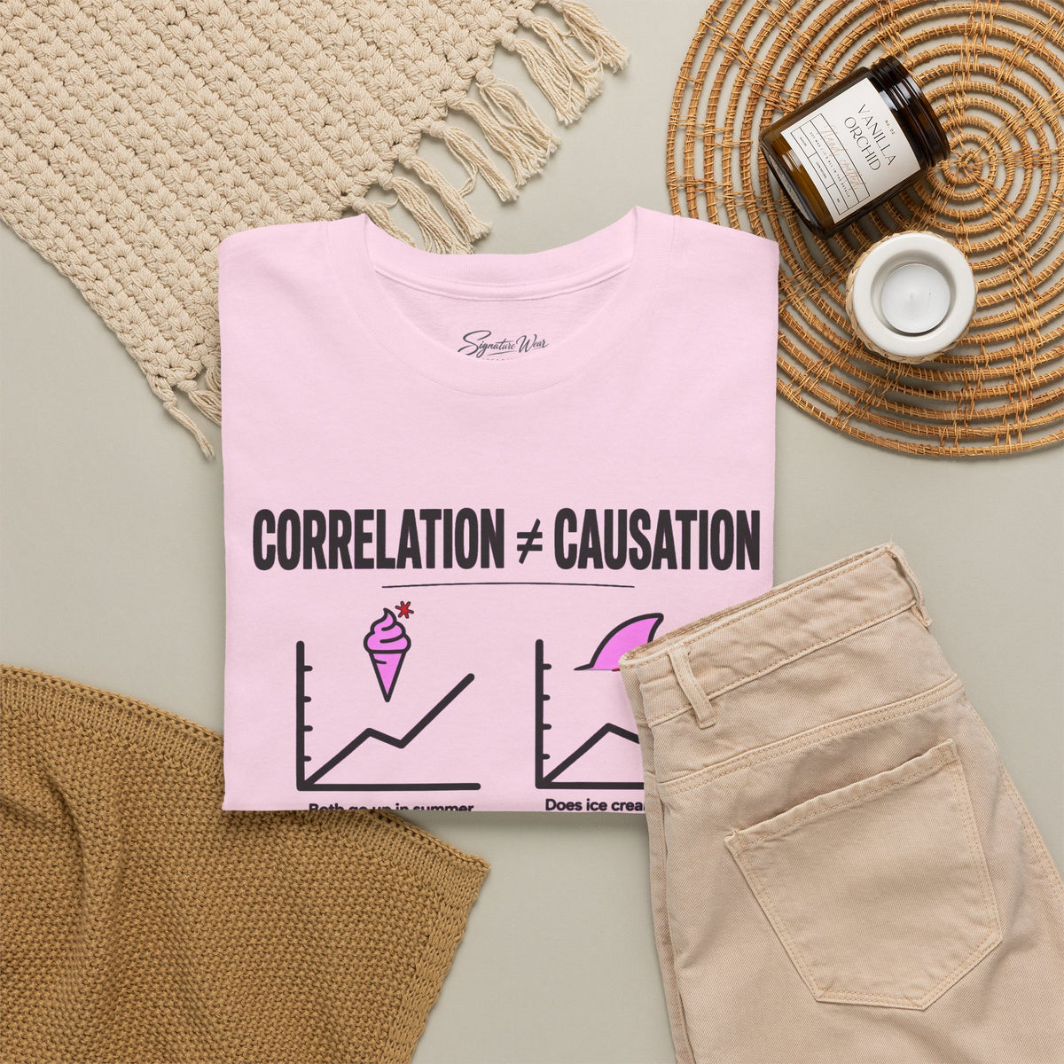 Correlation ≠ Causation Graphic Tee — White, Blue, Pink, Yellow & Neutral Bases